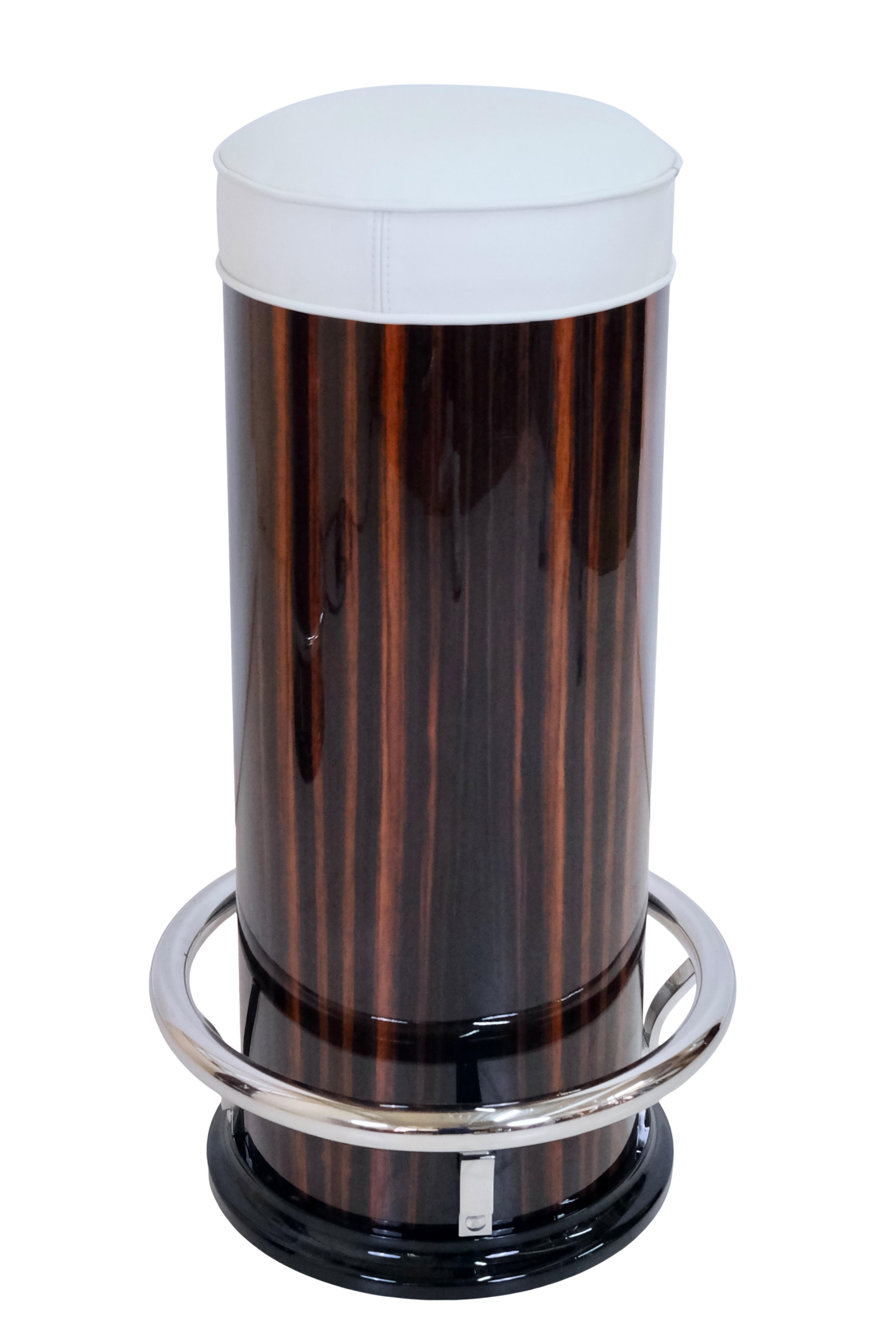 German Art Deco Style Cylindrical bar Stools in Macassar and Leather with Chromed Metal For Sale