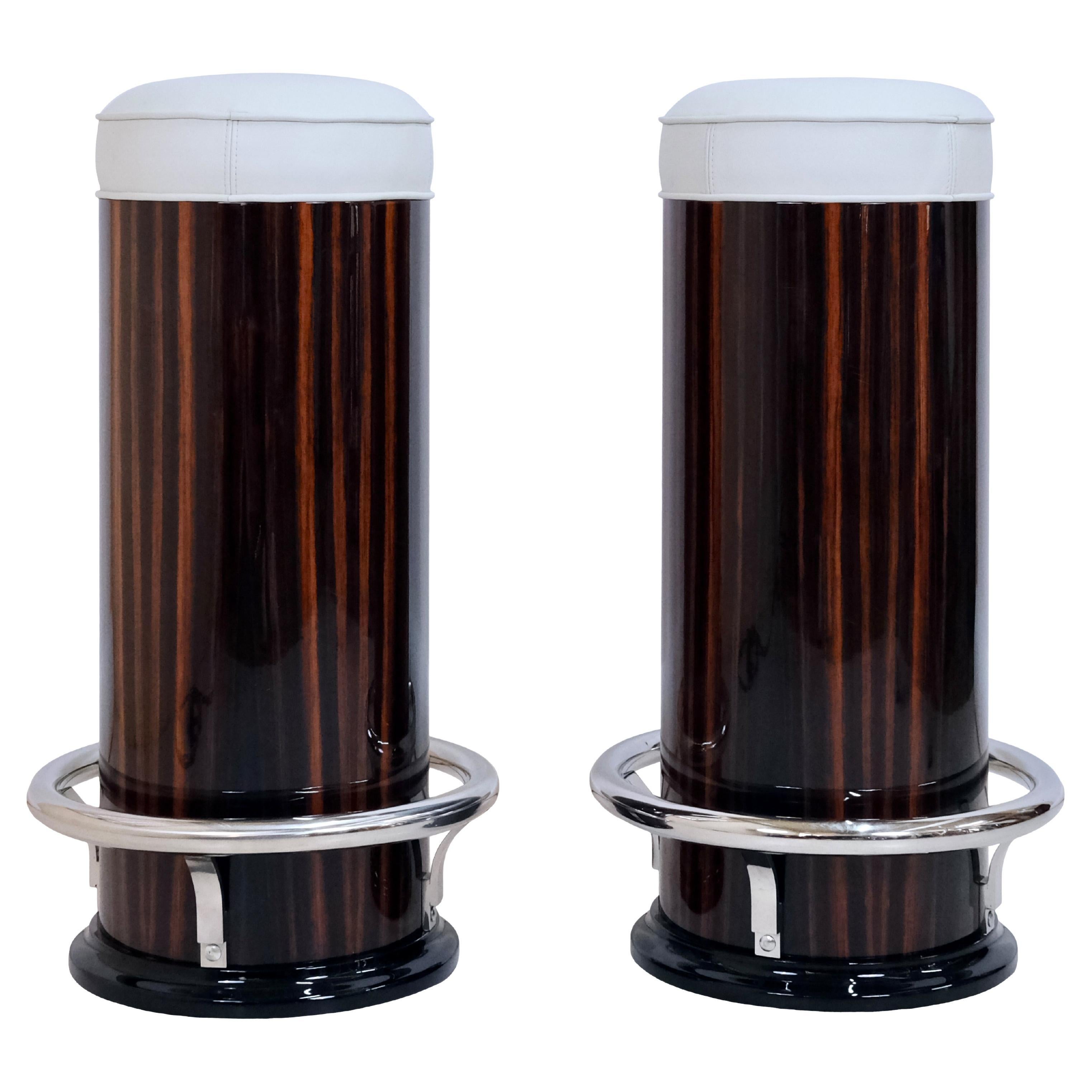 Art Deco Style Cylindrical bar Stools in Macassar and Leather with Chromed Metal