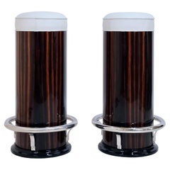 Art Deco Style Cylindrical bar Stools in Macassar and Leather with Chromed Metal