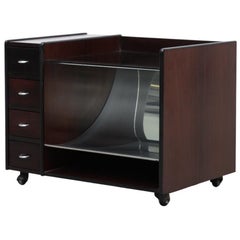 Art Deco Style Dark Wood, Glass, and Curved Stainless Steel Rolling Side Table