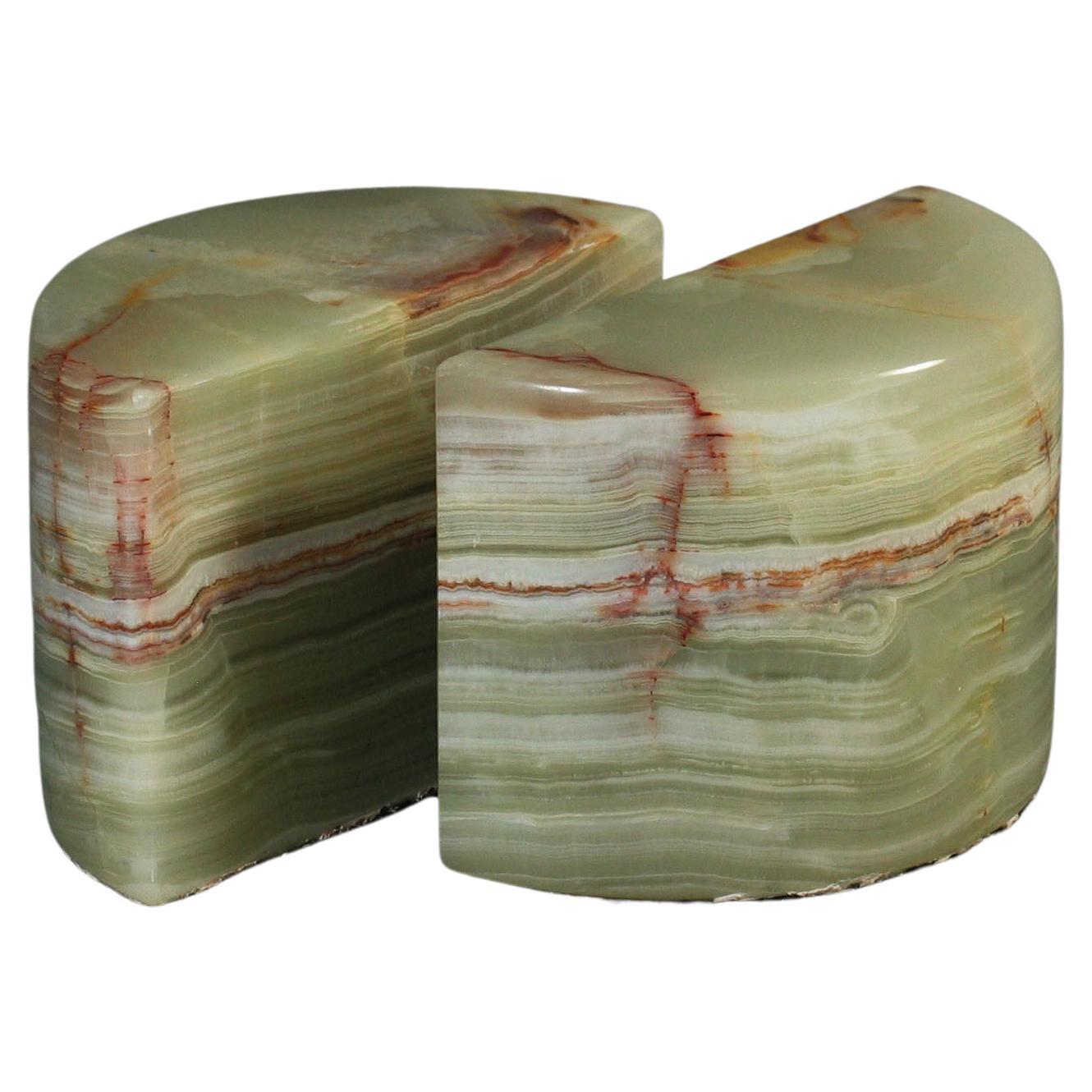 Art Deco Style Demi-Lune Polished Banded Calcite Bookends  Circa 1970 For Sale