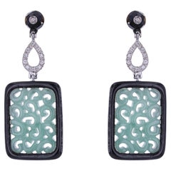 Art Deco Style Diamond Agate Engraved Jade Dangle Earrings