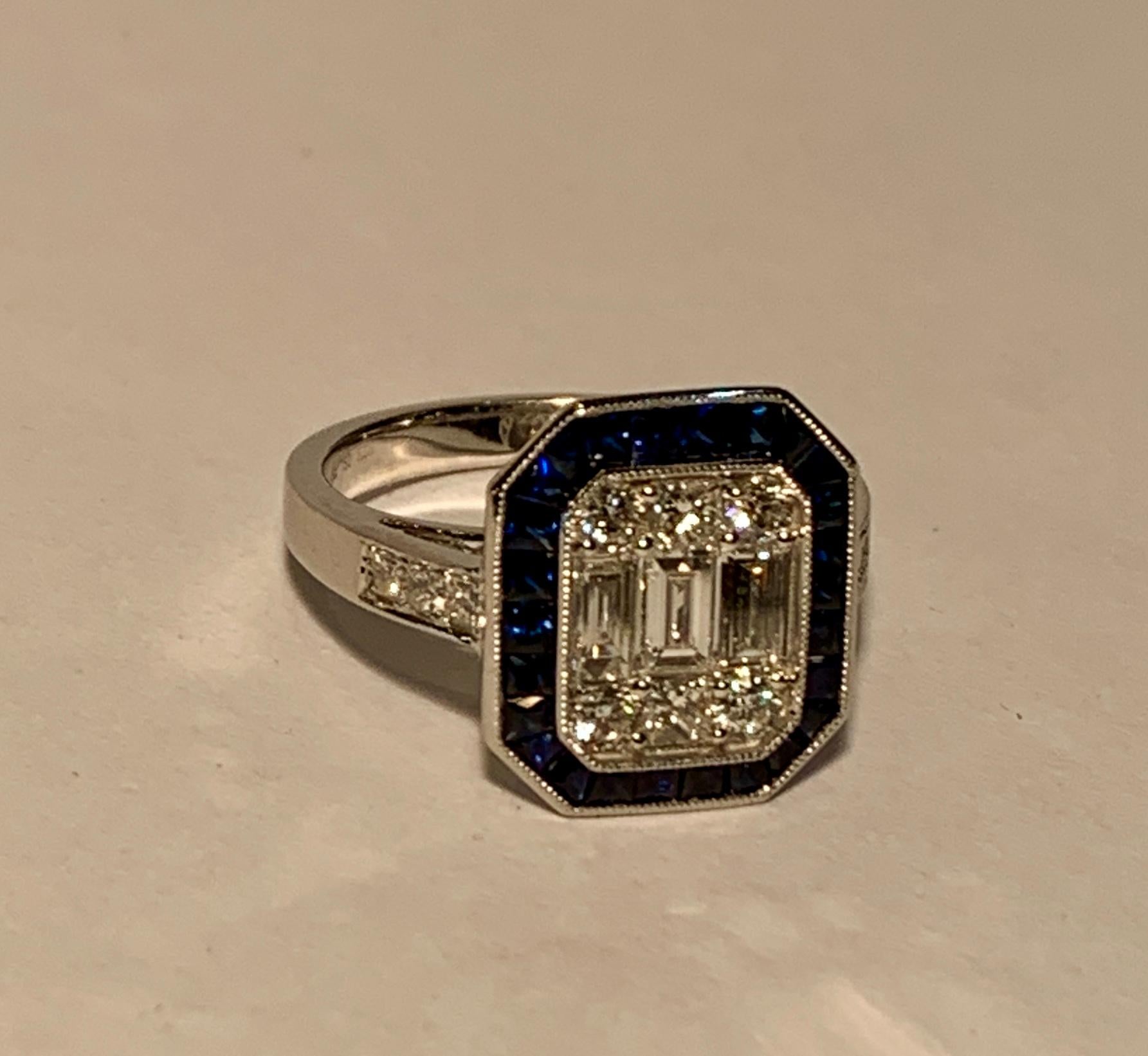 Art Deco Style Diamond and Blue Sapphire Calibre Cut 18 Karat White Gold Ring 7
