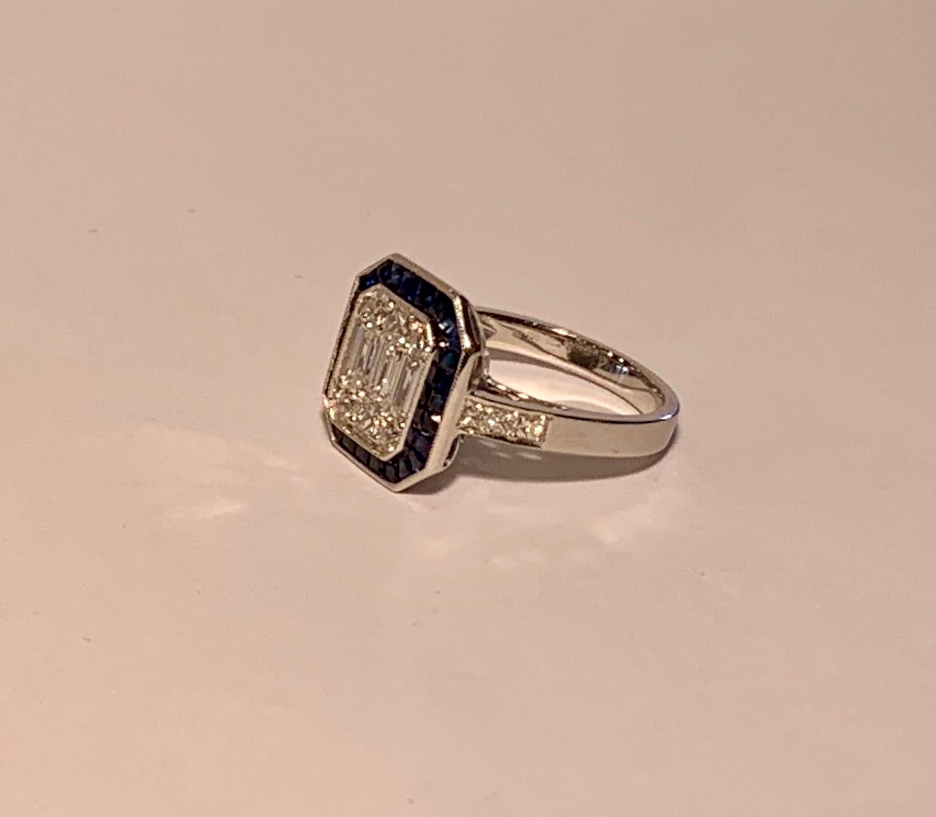 Art Deco Style Diamond and Blue Sapphire Calibre Cut 18 Karat White Gold Ring 8