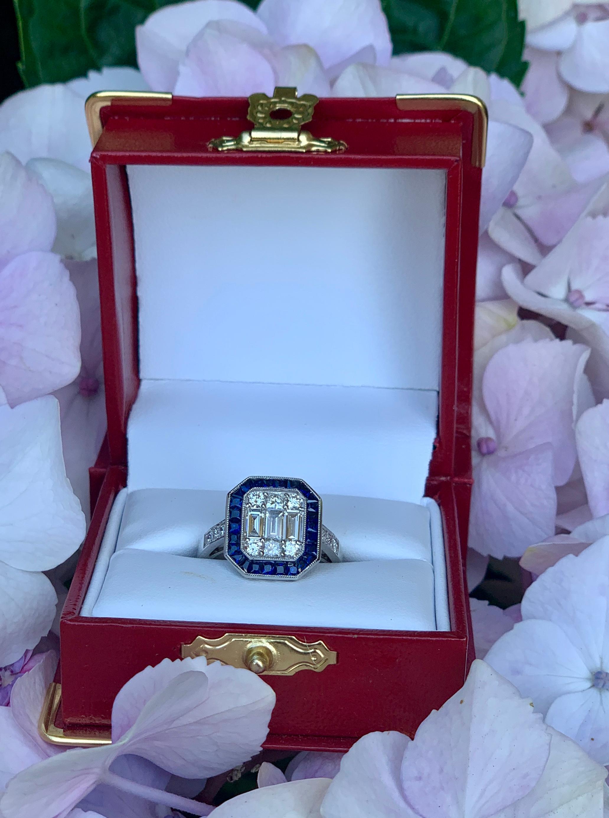 Round Cut Art Deco Style Diamond and Blue Sapphire Calibre Cut 18 Karat White Gold Ring