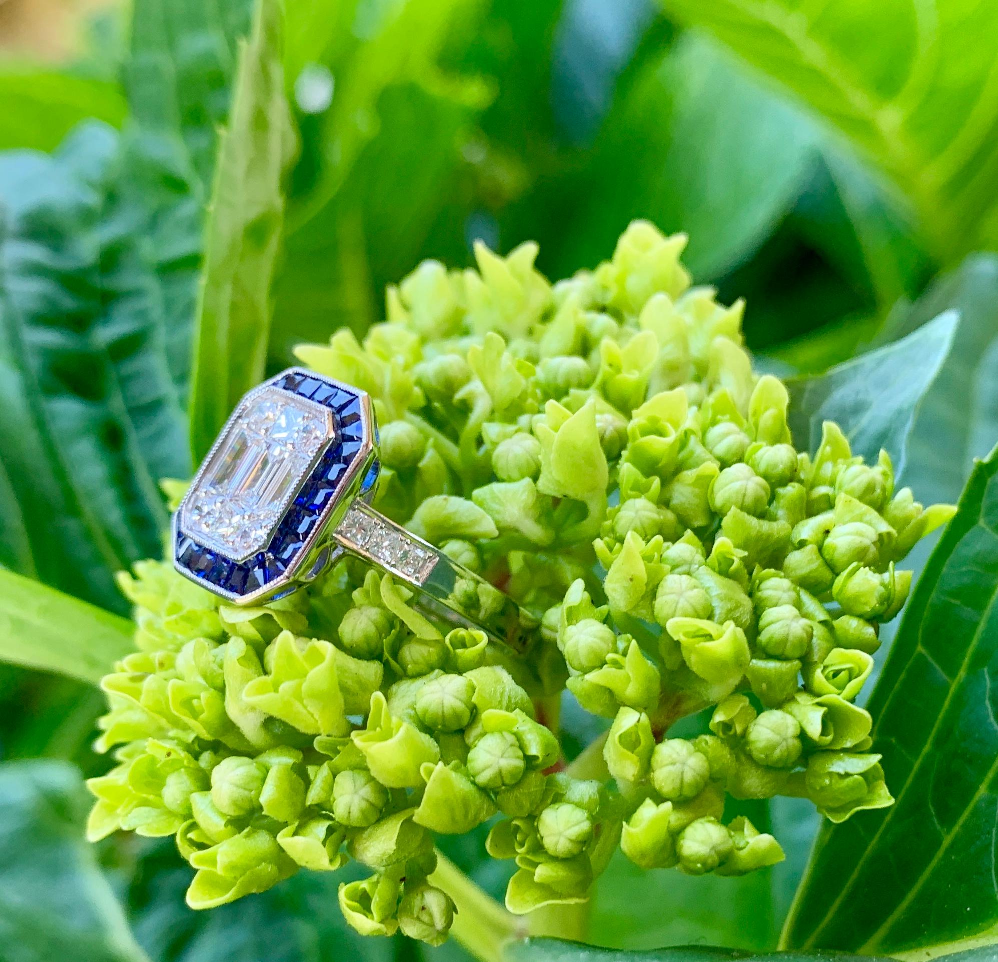 Art Deco Style Diamond and Blue Sapphire Calibre Cut 18 Karat White Gold Ring In Excellent Condition In Tustin, CA