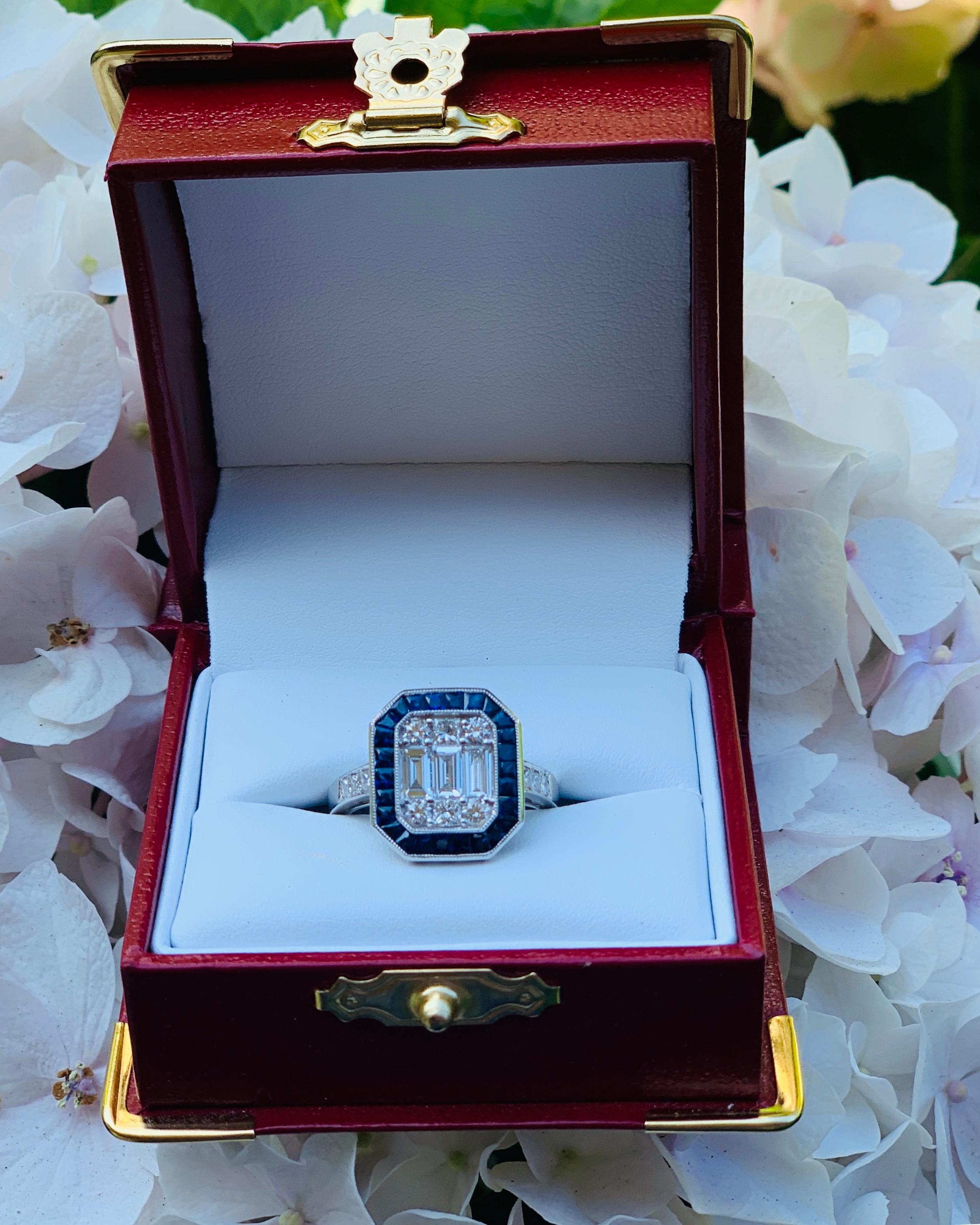 Art Deco Style Diamond and Blue Sapphire Calibre Cut 18 Karat White Gold Ring 1