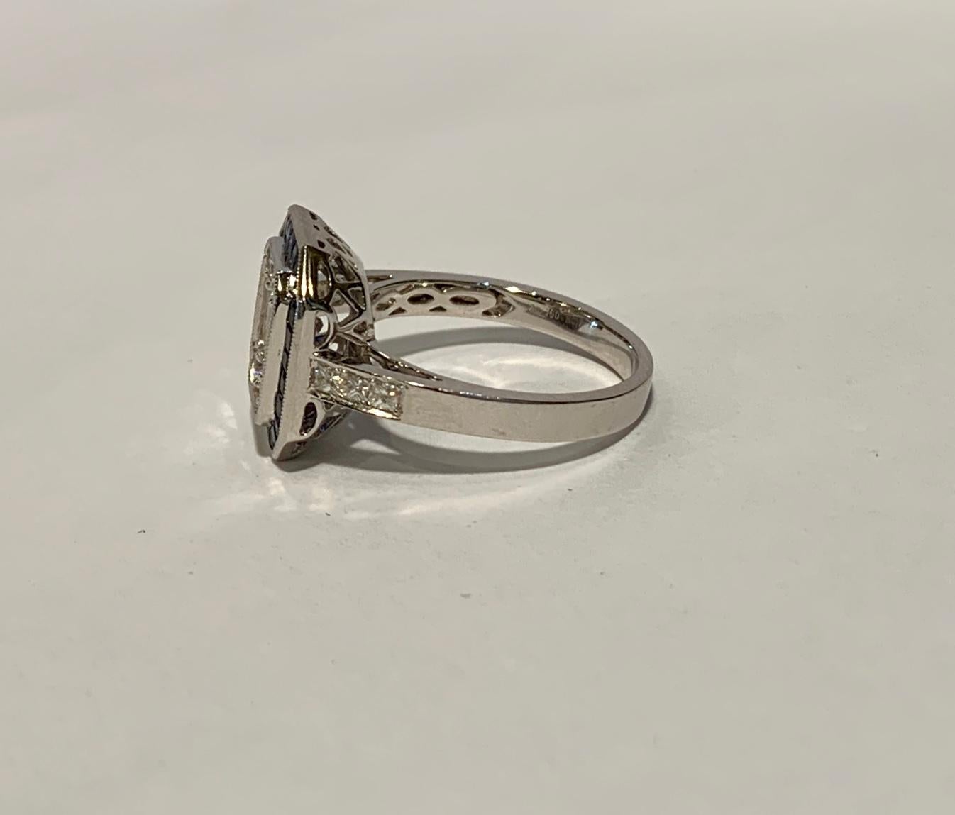Art Deco Style Diamond and Blue Sapphire Calibre Cut 18 Karat White Gold Ring 4
