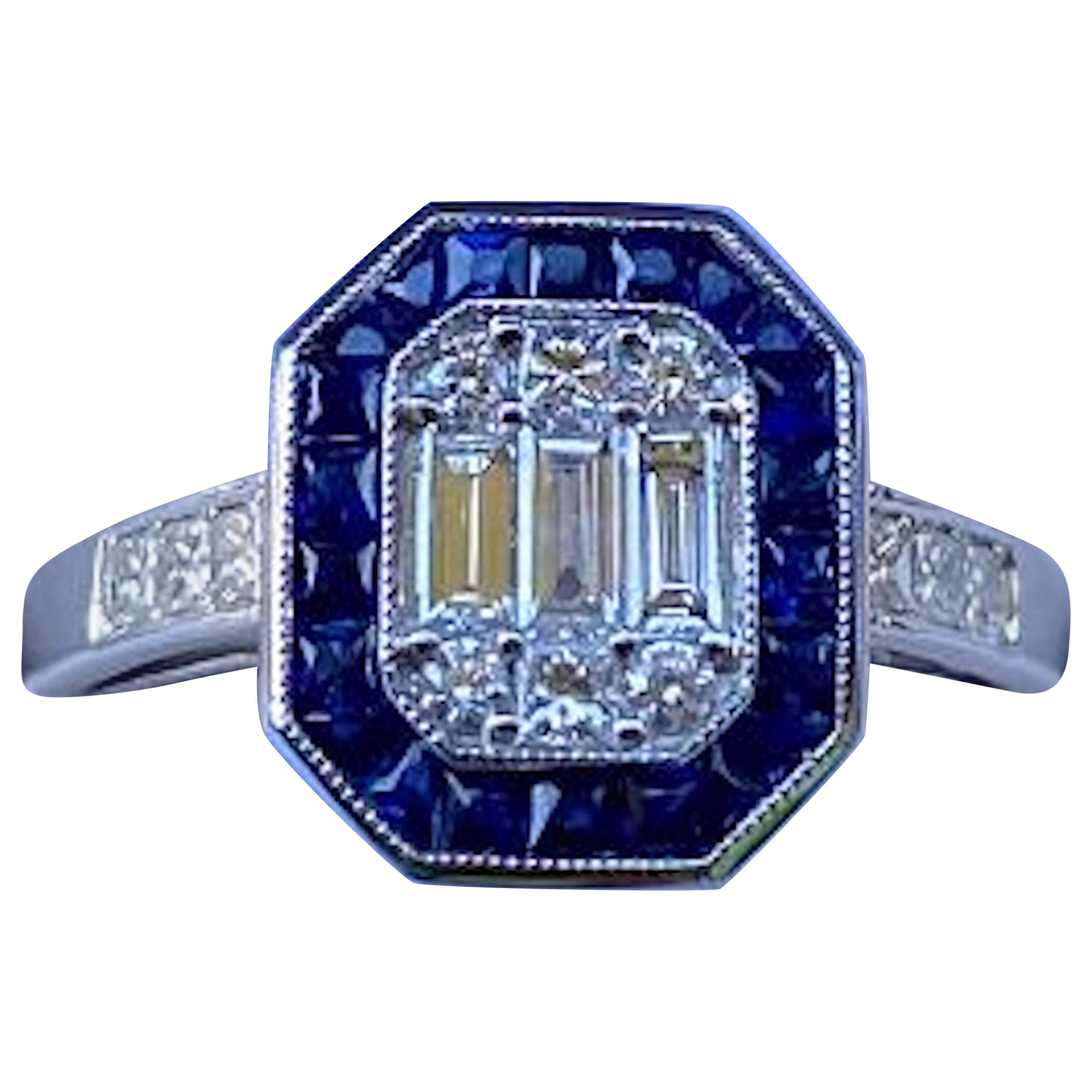 Art Deco Style Diamond and Blue Sapphire Calibre Cut 18 Karat White Gold Ring