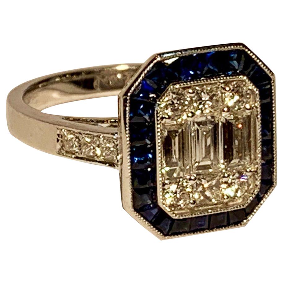 Art Deco Style Diamond and Blue Sapphire Calibre Cut 18 Karat White Gold Ring
