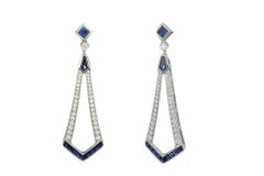 Art Deco Style Diamond and Blue Sapphire Dangle Earrings