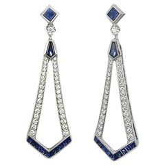 Art Deco Style Diamond and Blue Sapphire Dangle Earrings
