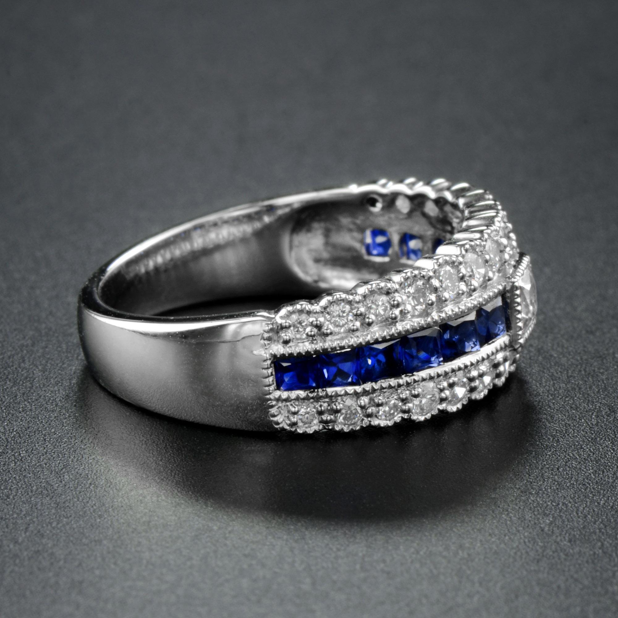 Round Cut Art Deco Style Diamond and Blue Sapphire Half Eternity Ring in 18K White Gold For Sale