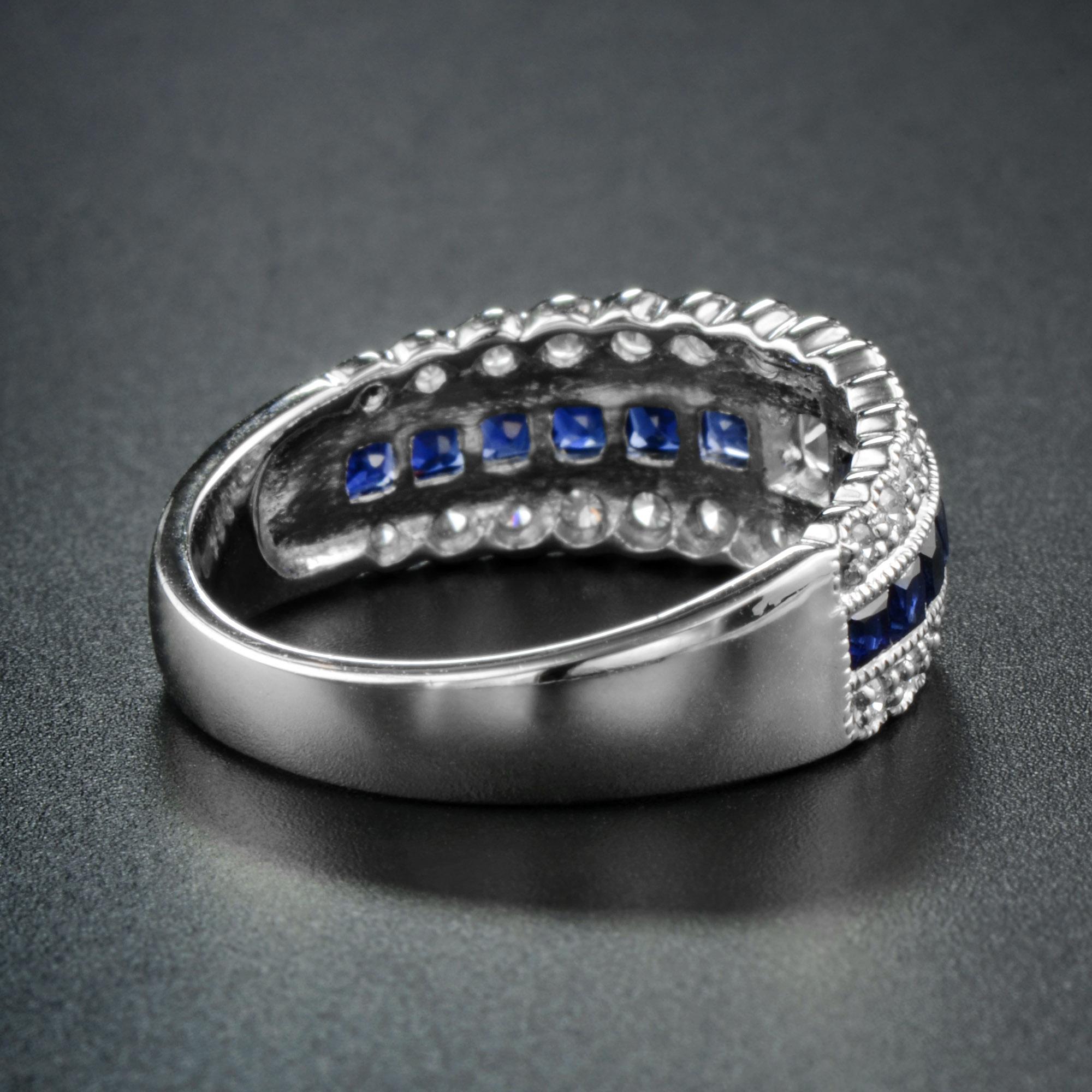 Art Deco Style Diamond and Blue Sapphire Half Eternity Ring in 18K White Gold In New Condition For Sale In Bangkok, TH