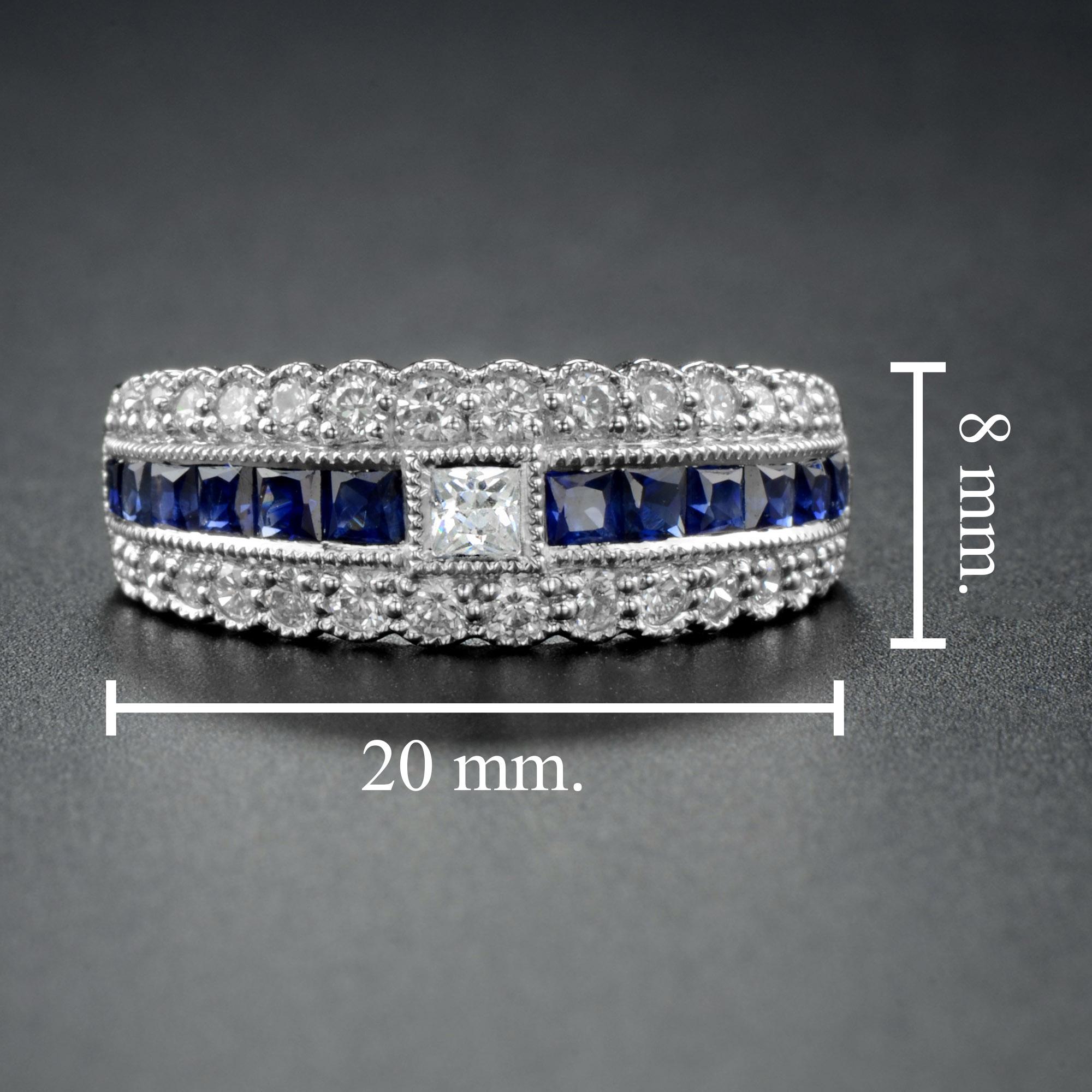 Women's Art Deco Style Diamond and Blue Sapphire Half Eternity Ring in 18K White Gold For Sale