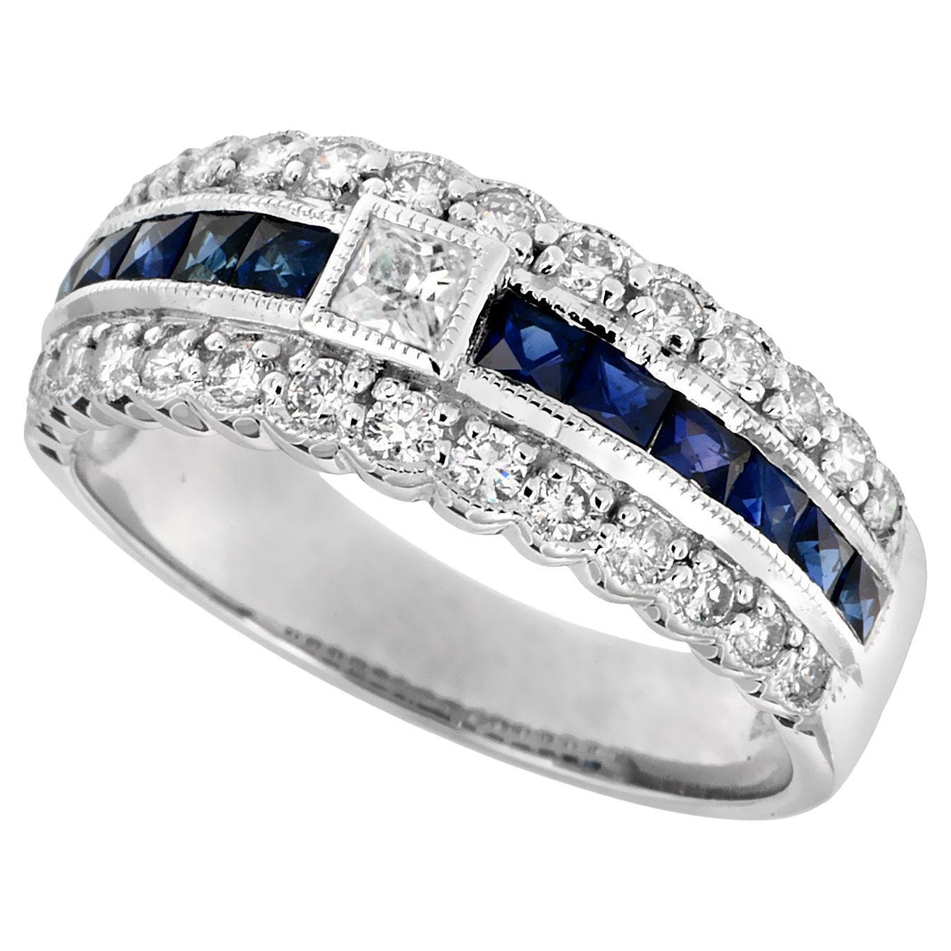 Bague d'éternité de style Art déco en or blanc 18 carats avec diamants et saphirs bleus