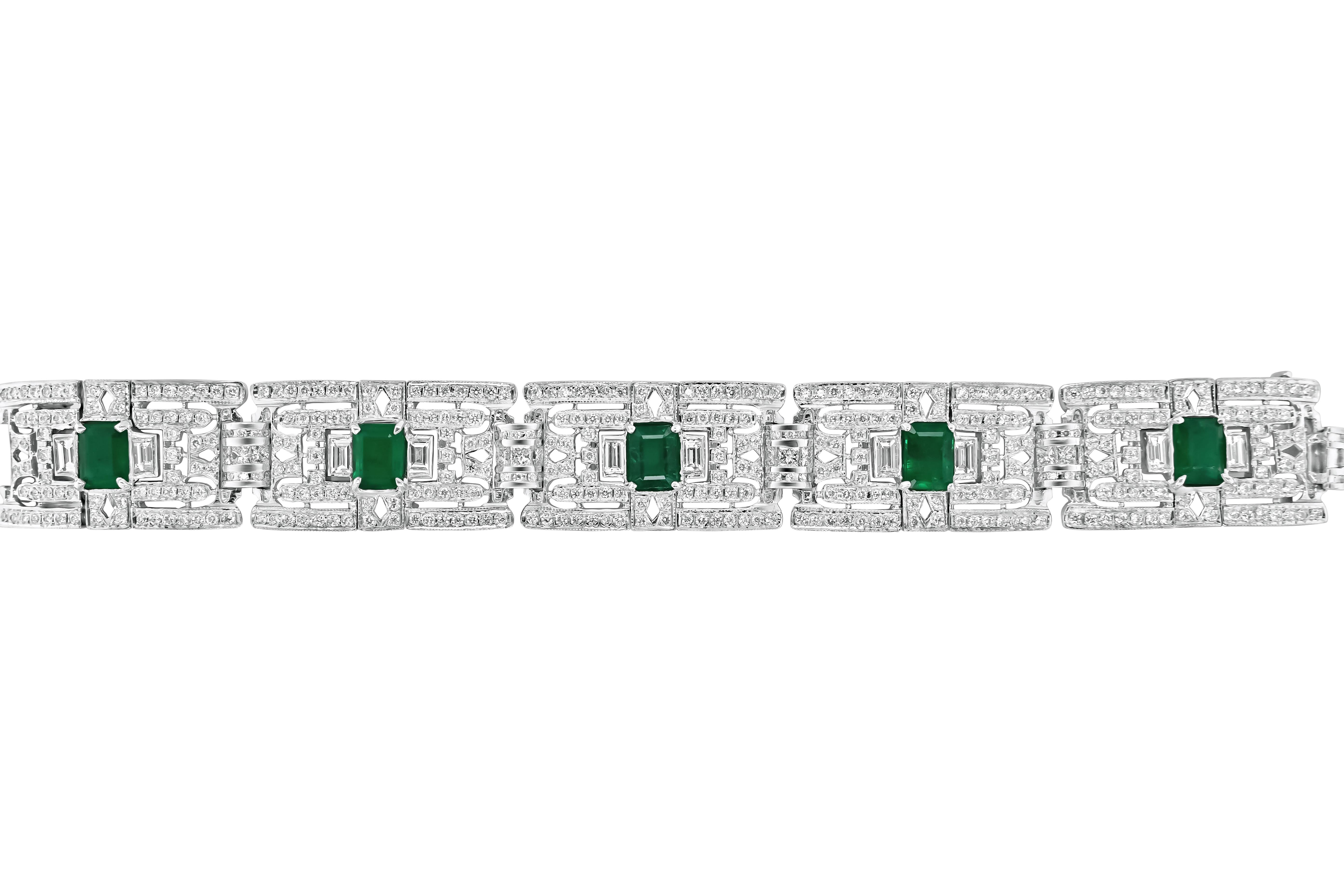 Magnum Creations original art deco style bracelet, features 4.05 carats of white round diamonds and 2.98 carats of white fancy shapes, addittionally 6.82 carats of emeralds.

This style is also available in sapphire, please visit our vendor profile
