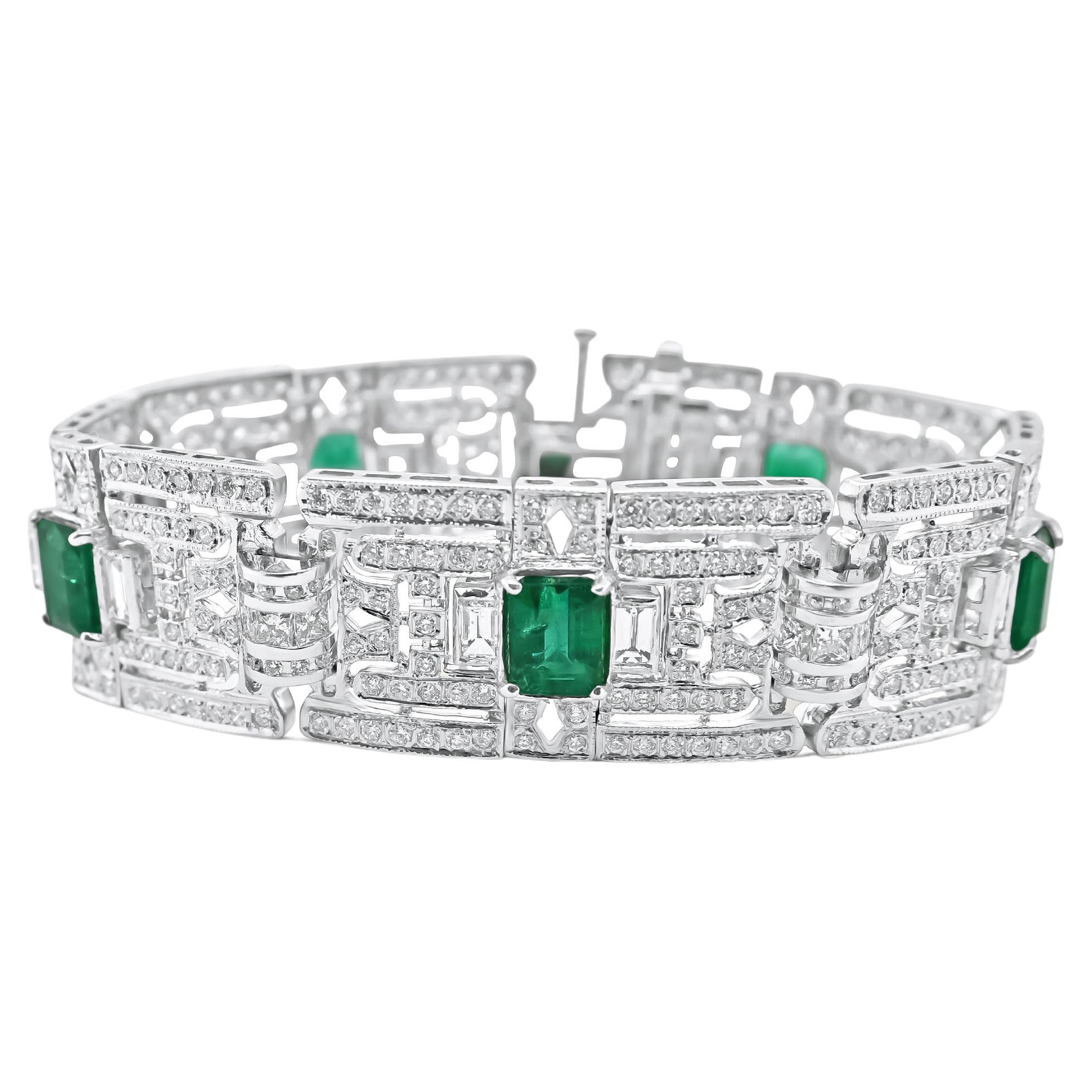 Art Deco Style Diamond and Emerald Bracelet For Sale