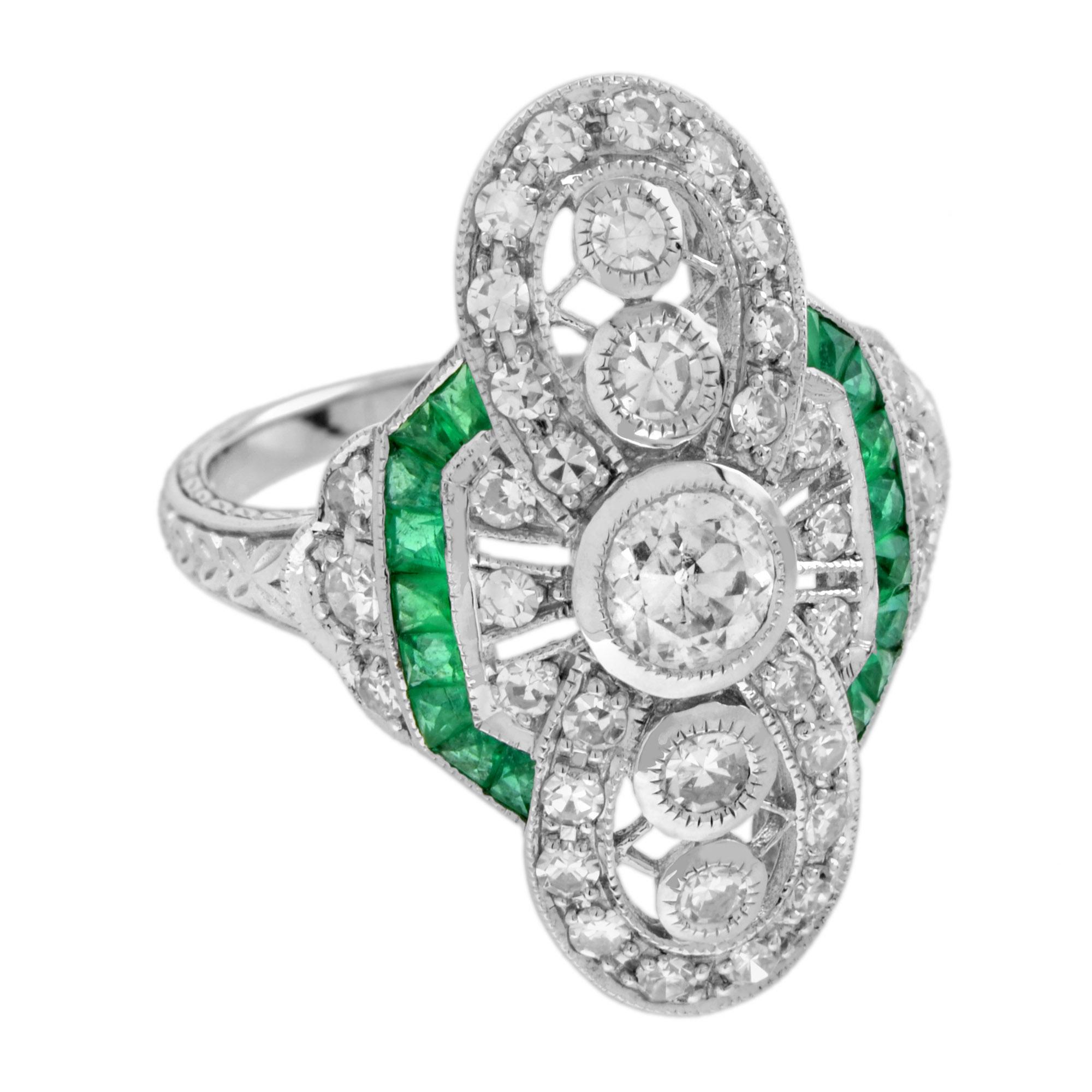 Round Cut Art Deco Style Diamond and Emerald Cocktail Ring in 18k White Gold For Sale