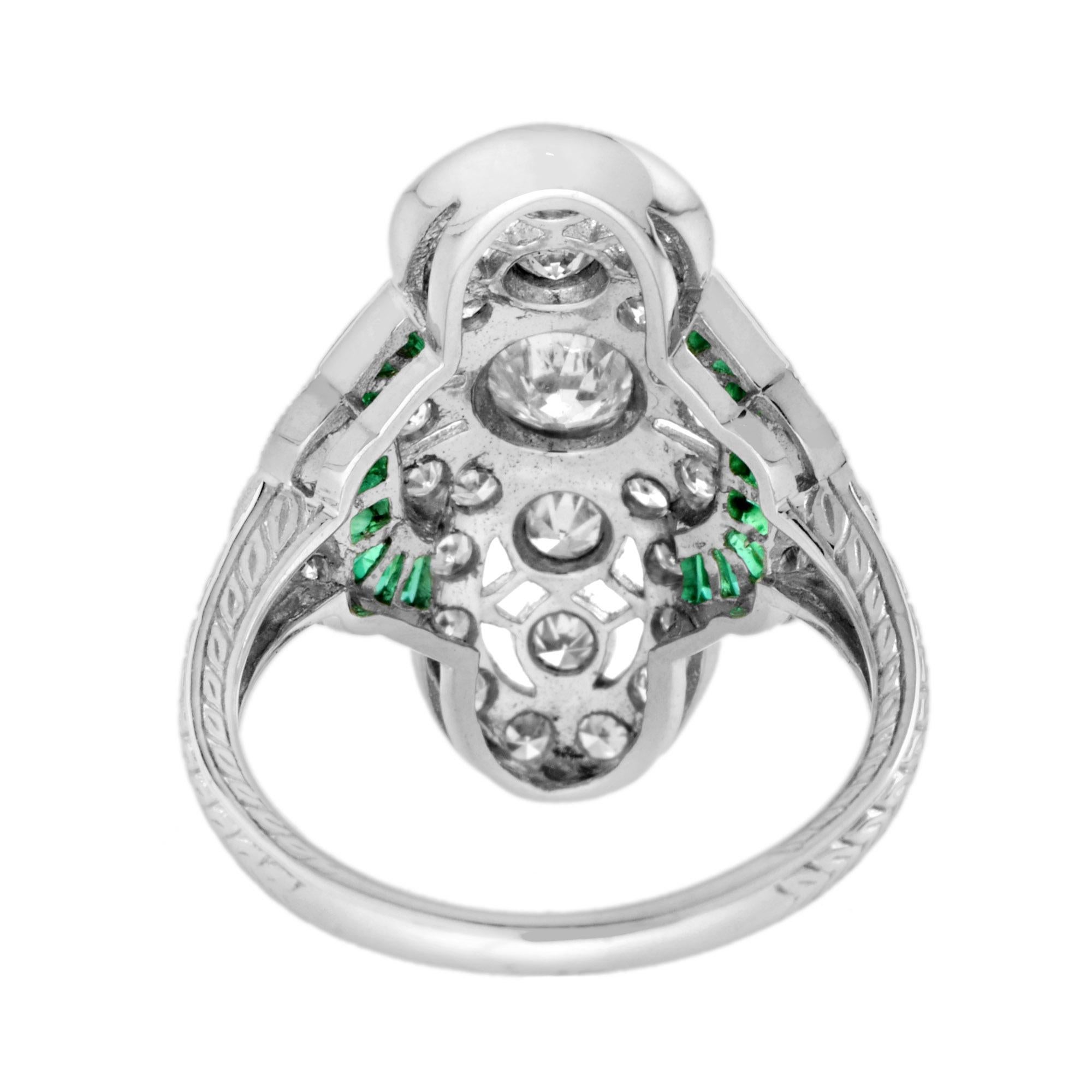 Women's Art Deco Style Diamond and Emerald Cocktail Ring in 18k White Gold For Sale