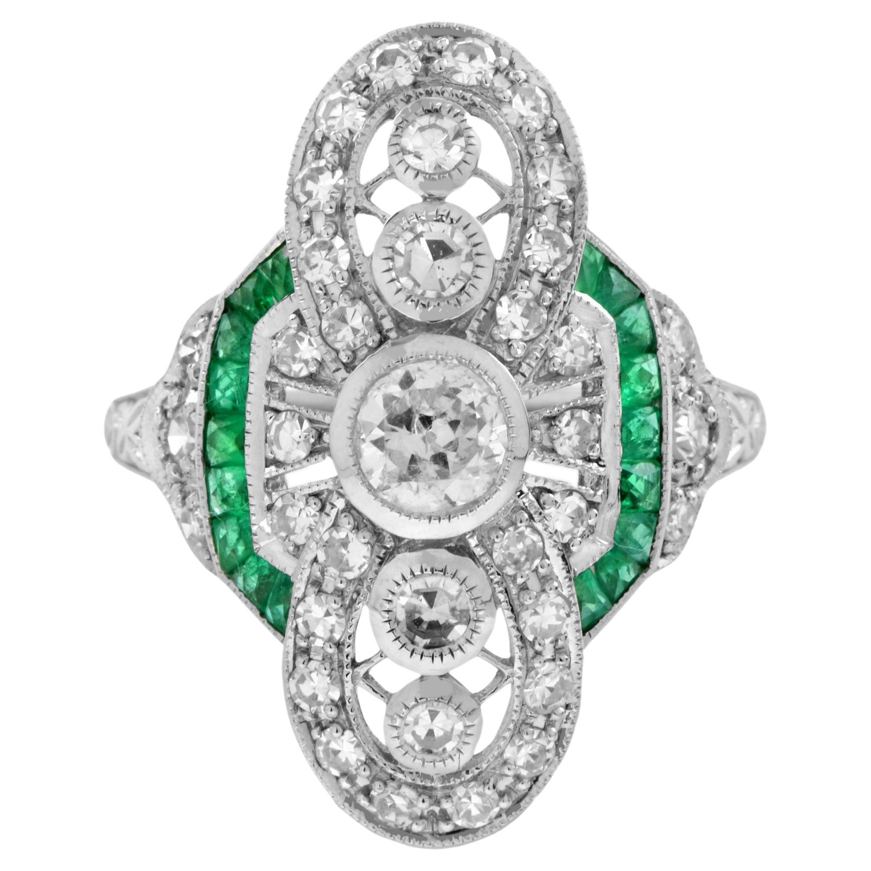 Art Deco Style Diamond and Emerald Cocktail Ring in 18k White Gold For Sale