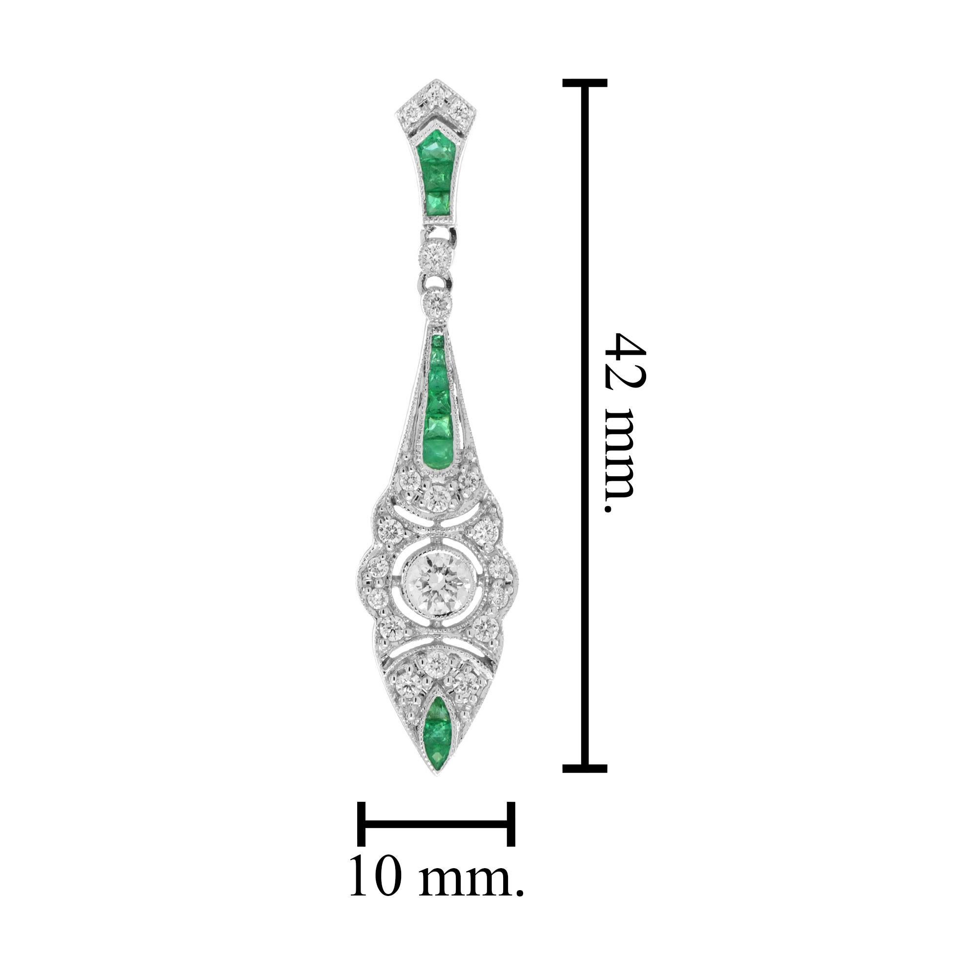 Round Cut Art Deco Style Diamond and Emerald Drop Earrings in 18K White Gold For Sale