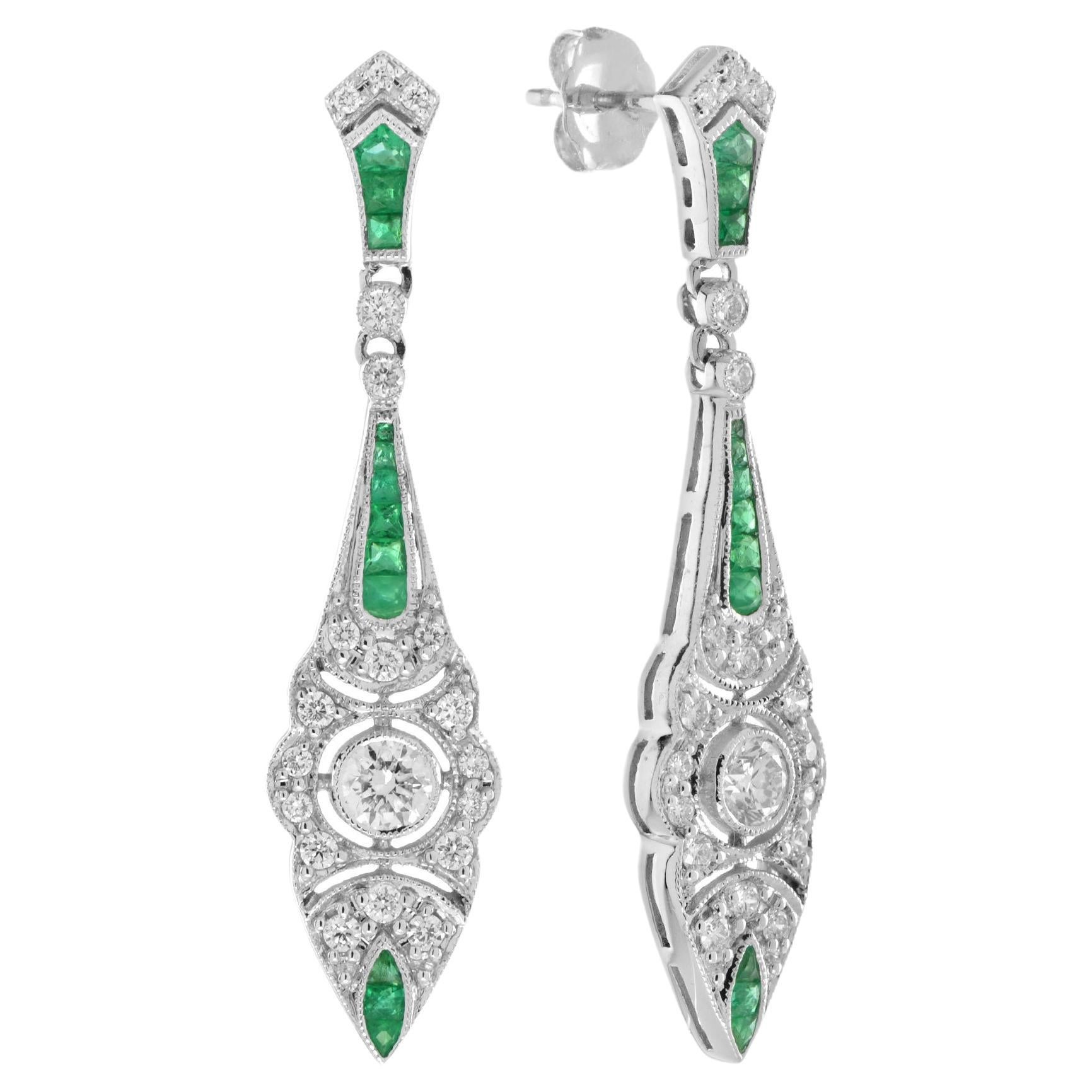 Art Deco Style Diamond and Emerald Drop Earrings in 18K White Gold For Sale