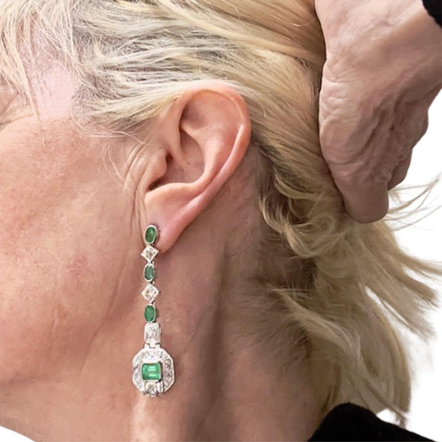 Emerald Cut Art Deco Style Diamond and Emerald Platinum 750 Earrings