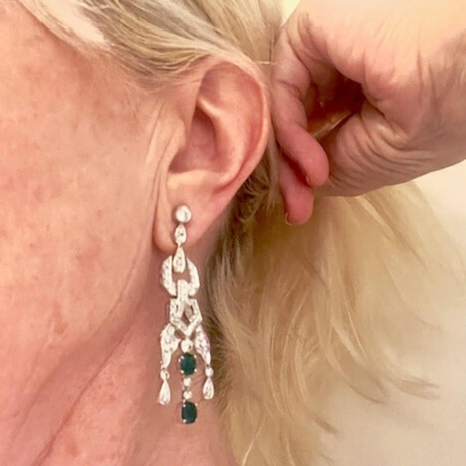 Oval Cut Art Deco Style Diamond and Emerald Platinum Earrings For Sale