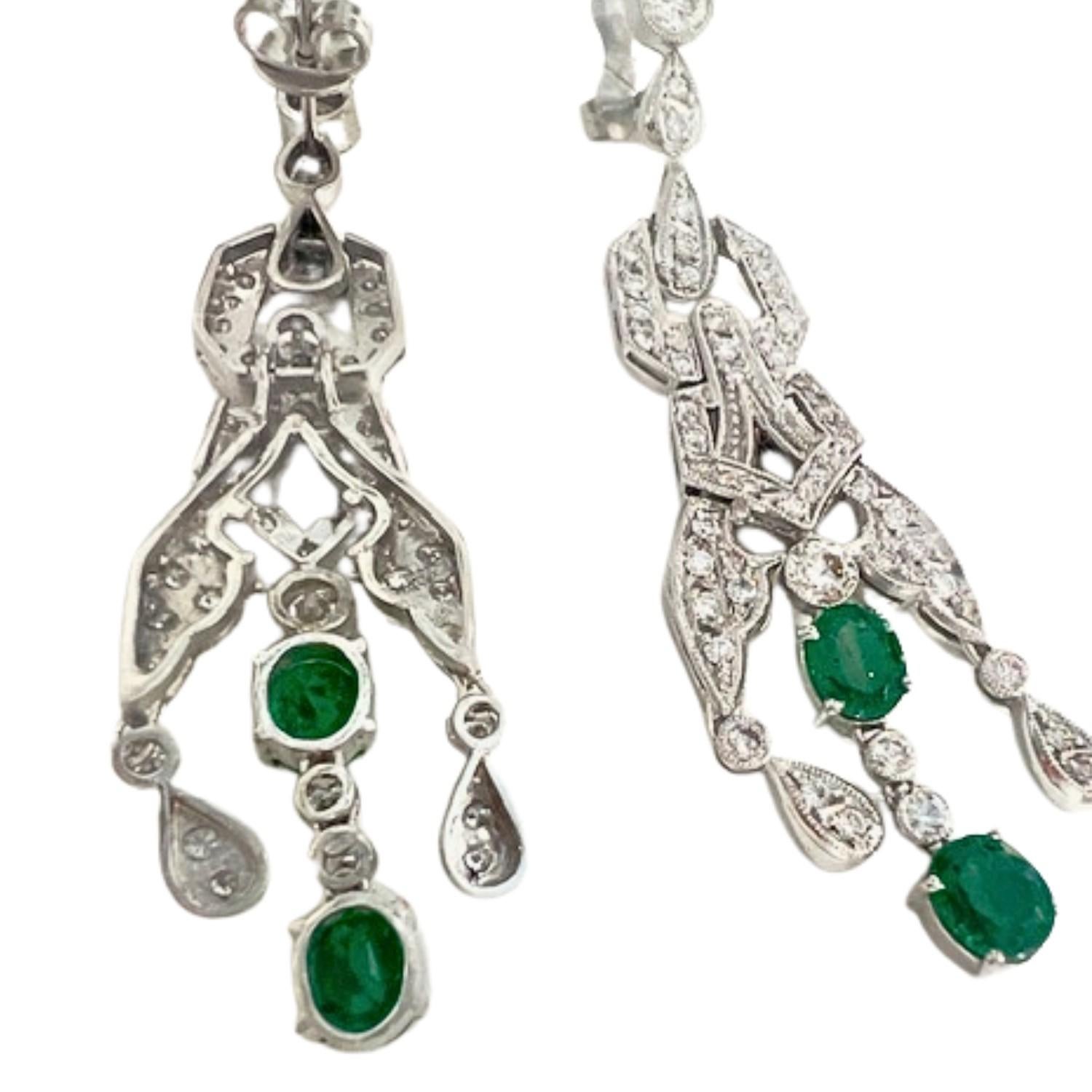Women's Art Deco Style Diamond and Emerald Platinum Earrings For Sale