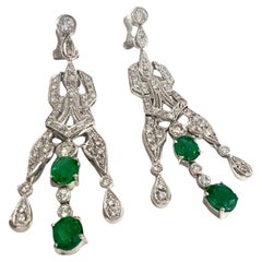 Art Deco Style Diamond and Emerald Platinum Earrings