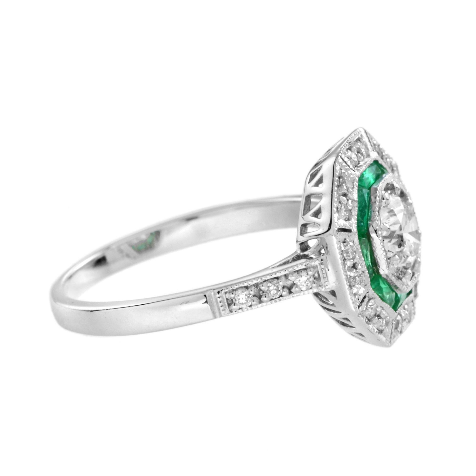 Round Cut Art Deco Style Diamond and Emerald Target Ring in 18K White Gold