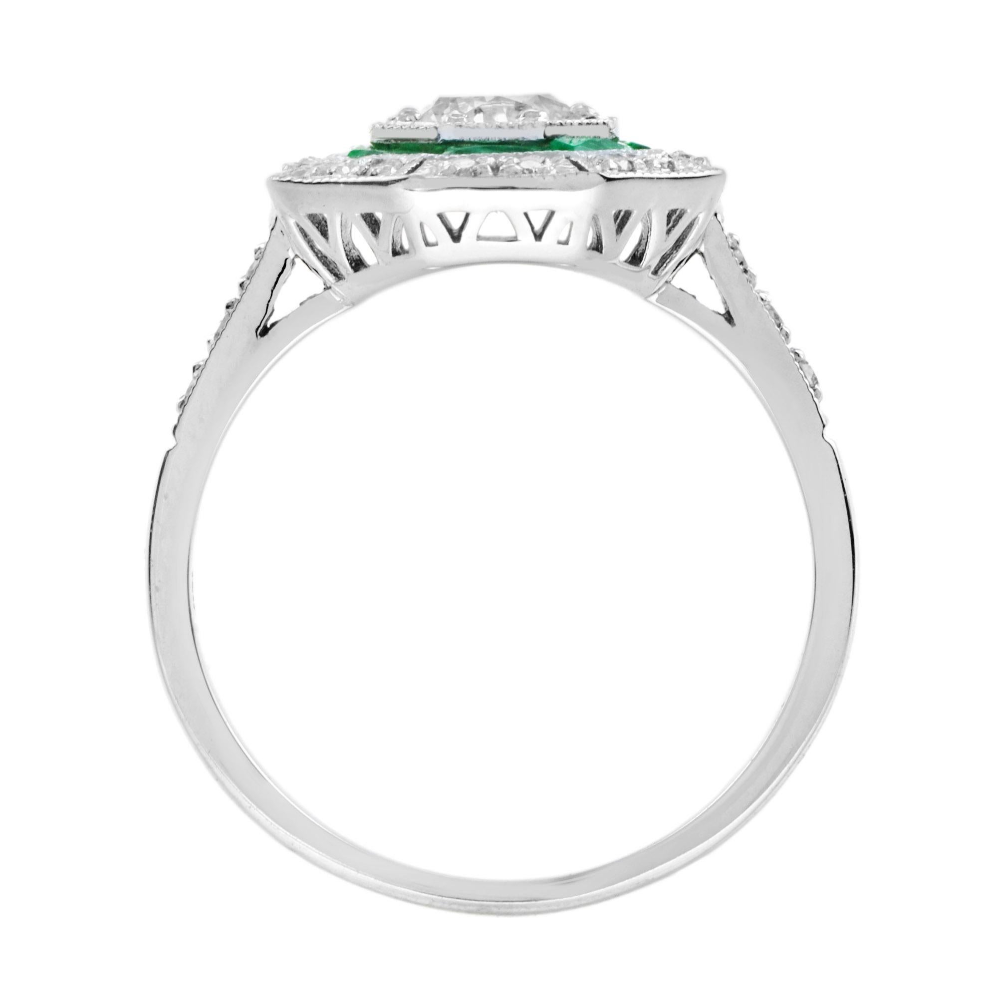 Women's Art Deco Style Diamond and Emerald Target Ring in 18K White Gold