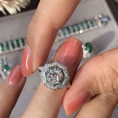 Art Deco Style Diamond and Emerald Target Ring in 18K White Gold