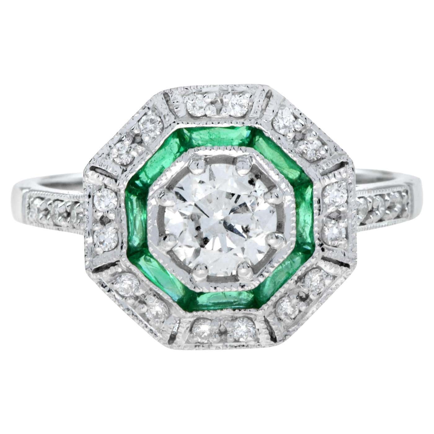 Art Deco Style Diamond and Emerald Target Ring in 18K White Gold For ...