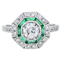 Art Deco Style Diamond and Emerald Target Ring in 18K White Gold