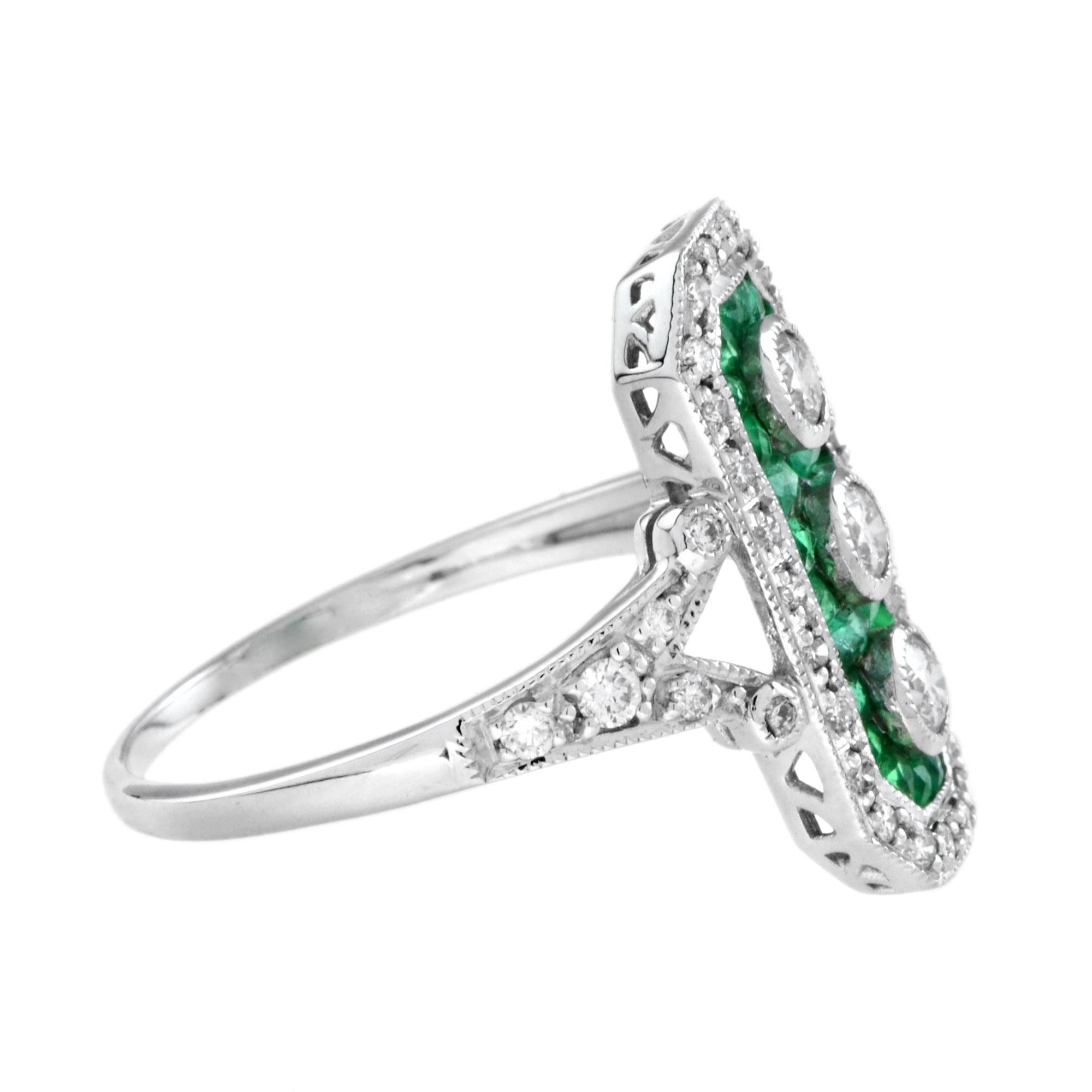 Round Cut Art Deco Style Diamond and Emerald Three Stone Ring in 18K White Gold For Sale