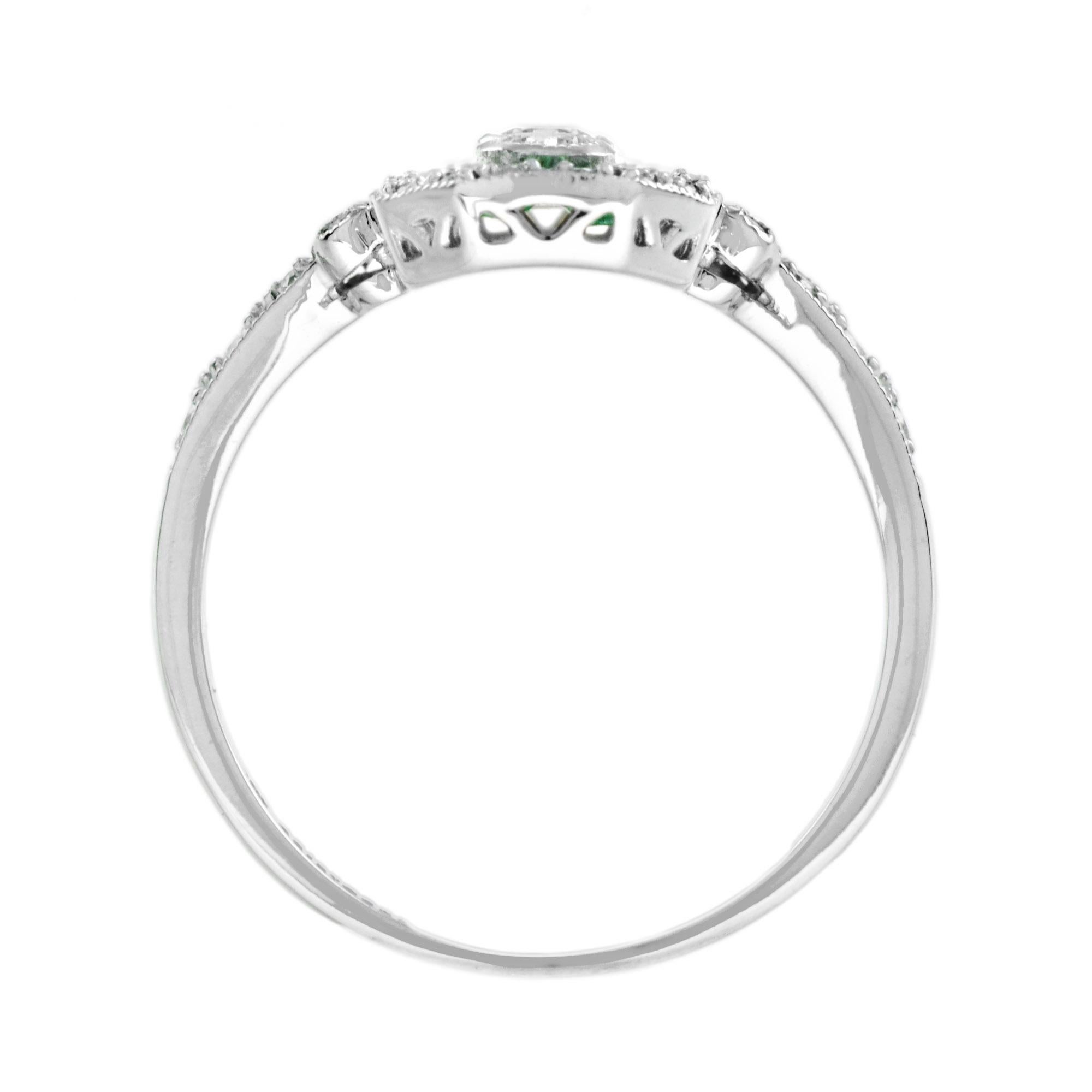 Women's Art Deco Style Diamond and Emerald Three Stone Ring in 18K White Gold For Sale