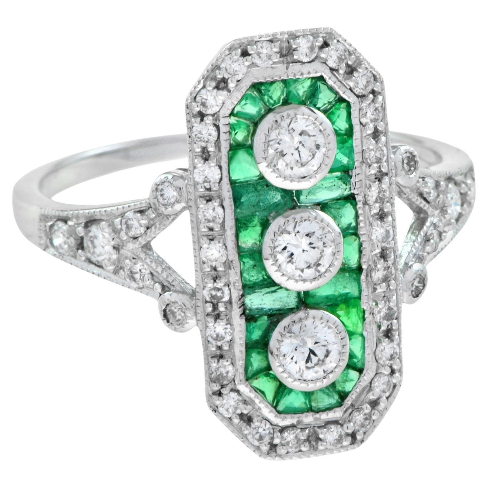 Art Deco Style Diamond and Emerald Three Stone Ring in 18K White Gold For Sale