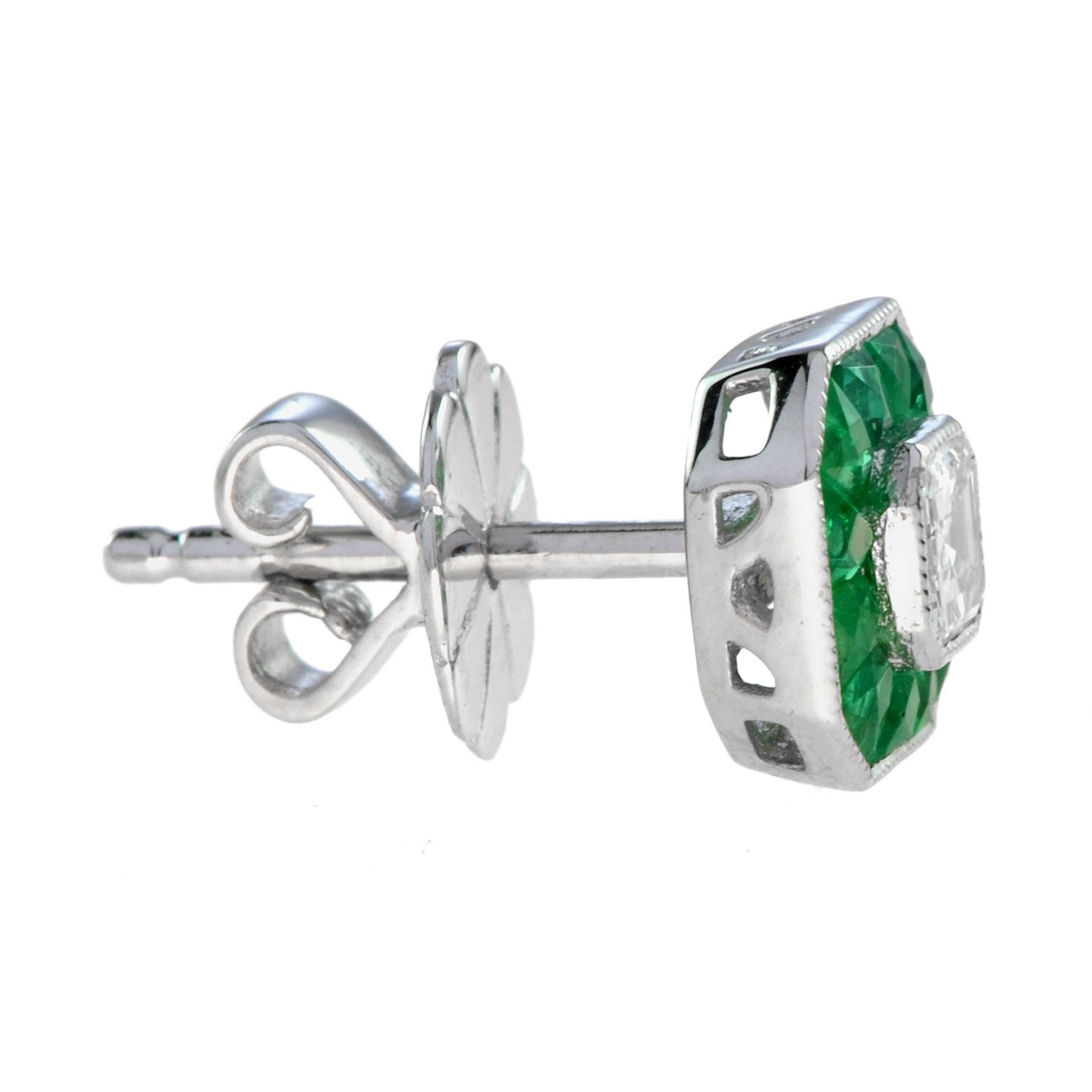 These Art-Deco stud earrings are completely spectacular! The vibrant color stone (you can select Blue Sapphire, Emerald, Ruby) is a specialty cut to surround the excellent emerald cut center diamond, which is in a thin bezel with millgrain detail.