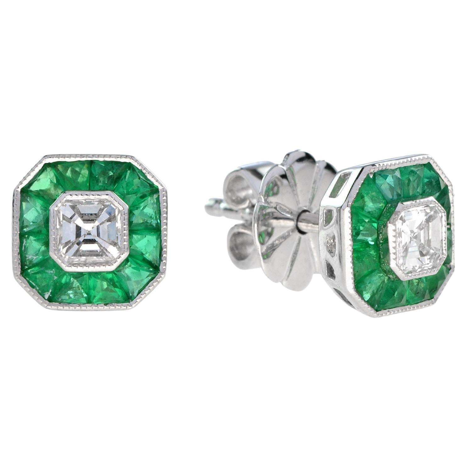Art Deco Style Diamond and French Cut Emerald Stud Earrings in 18K Gold For Sale