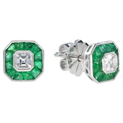 Art Deco Style Diamond and French Cut Emerald Stud Earrings in 18K Gold