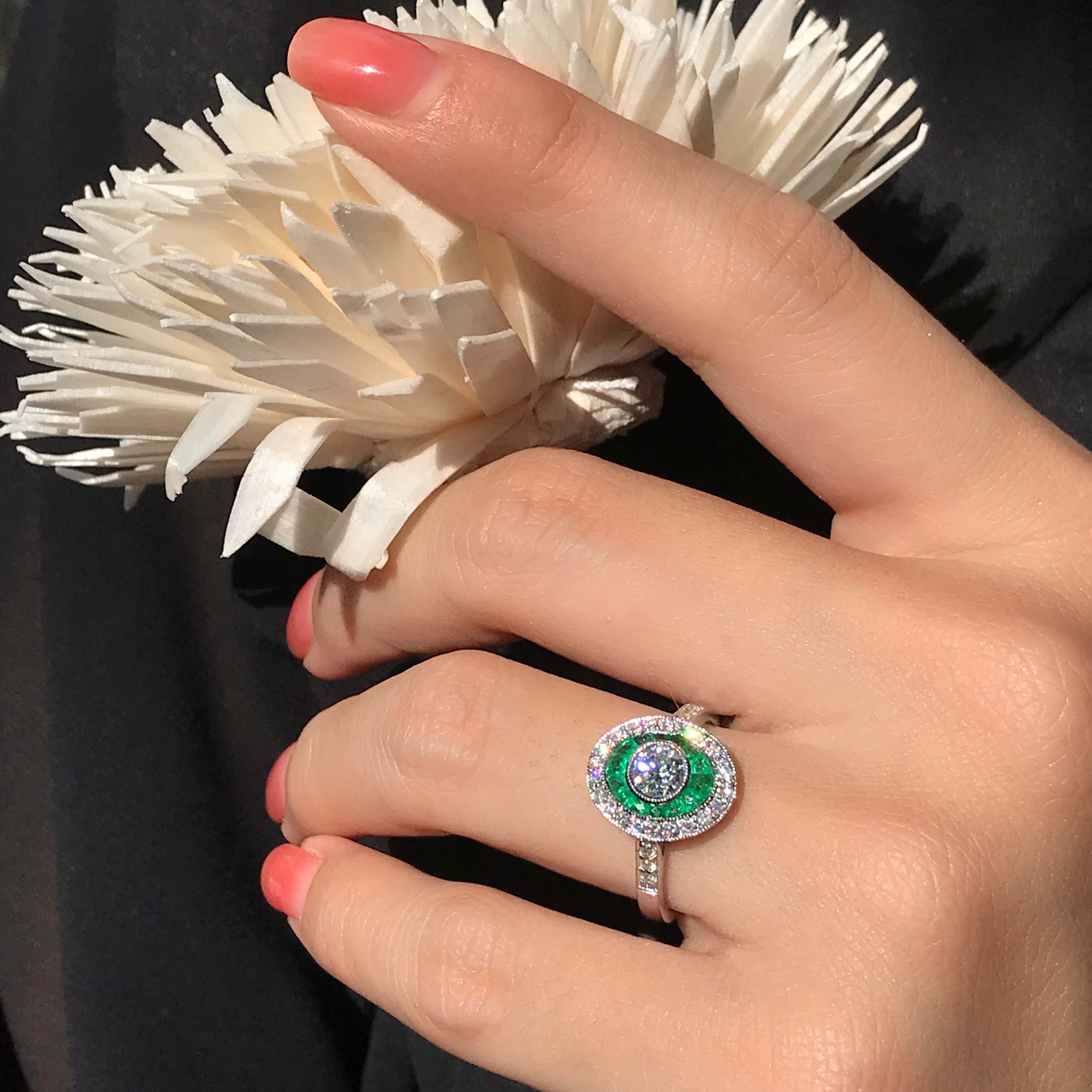 Round Cut Art Deco Style Diamond and French Cut Emerald Target Ring in 18K White Gold