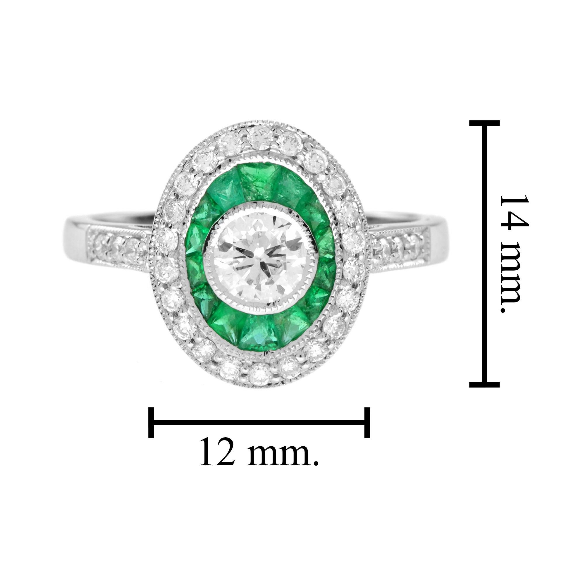 Art Deco Style Diamond and French Cut Emerald Target Ring in 18K White Gold For Sale 3