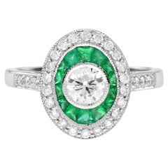 Art Deco Style Diamond and French Cut Emerald Target Ring in 18K White Gold