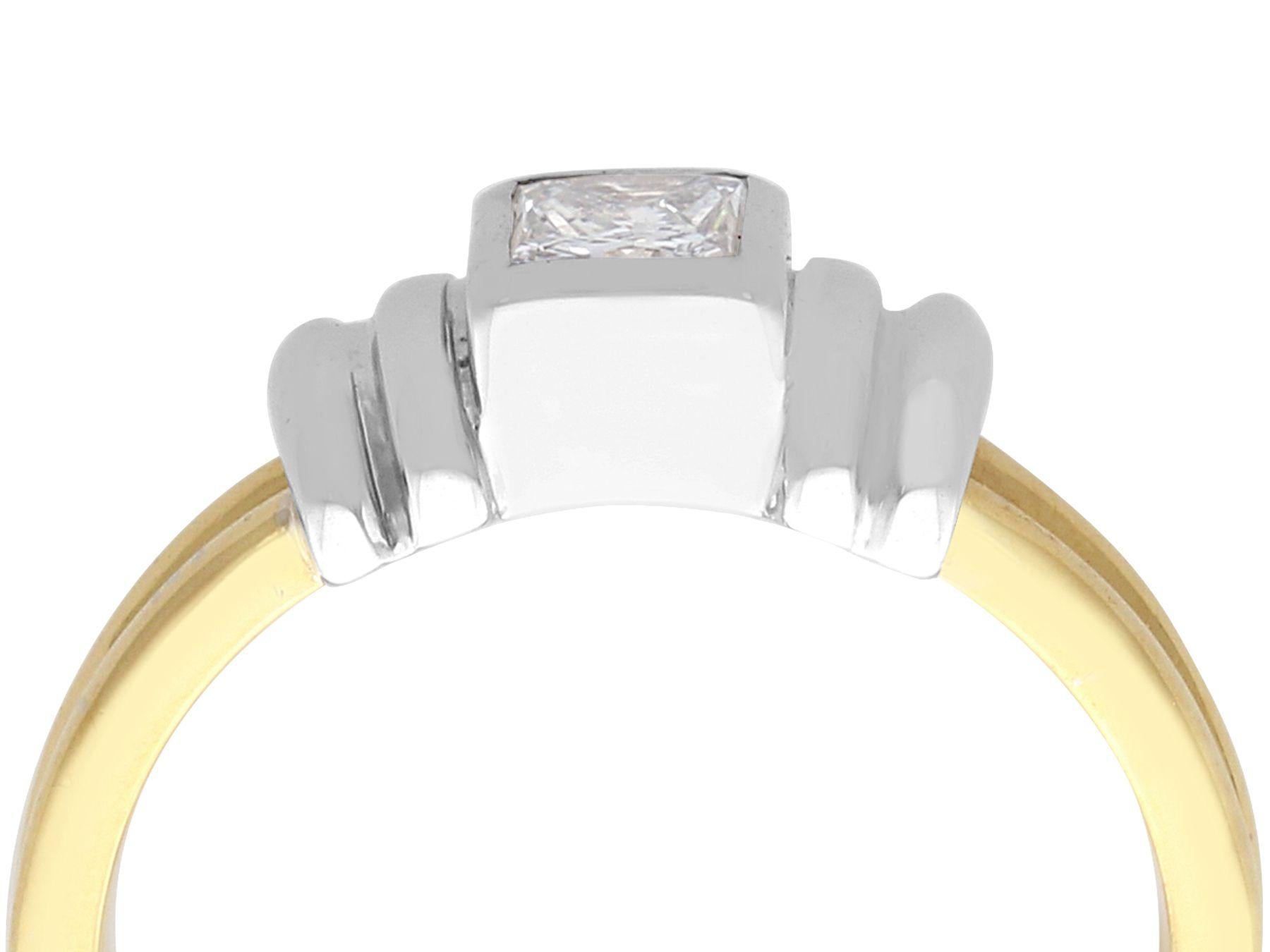 A fine and impressive 0.32 carat diamond and 18 karat yellow gold, platinum set, Art Deco style solitaire ring; part of our contemporary jewelry and diamond ring collections

This fine contemporary yellow gold princess cut diamond ring has been