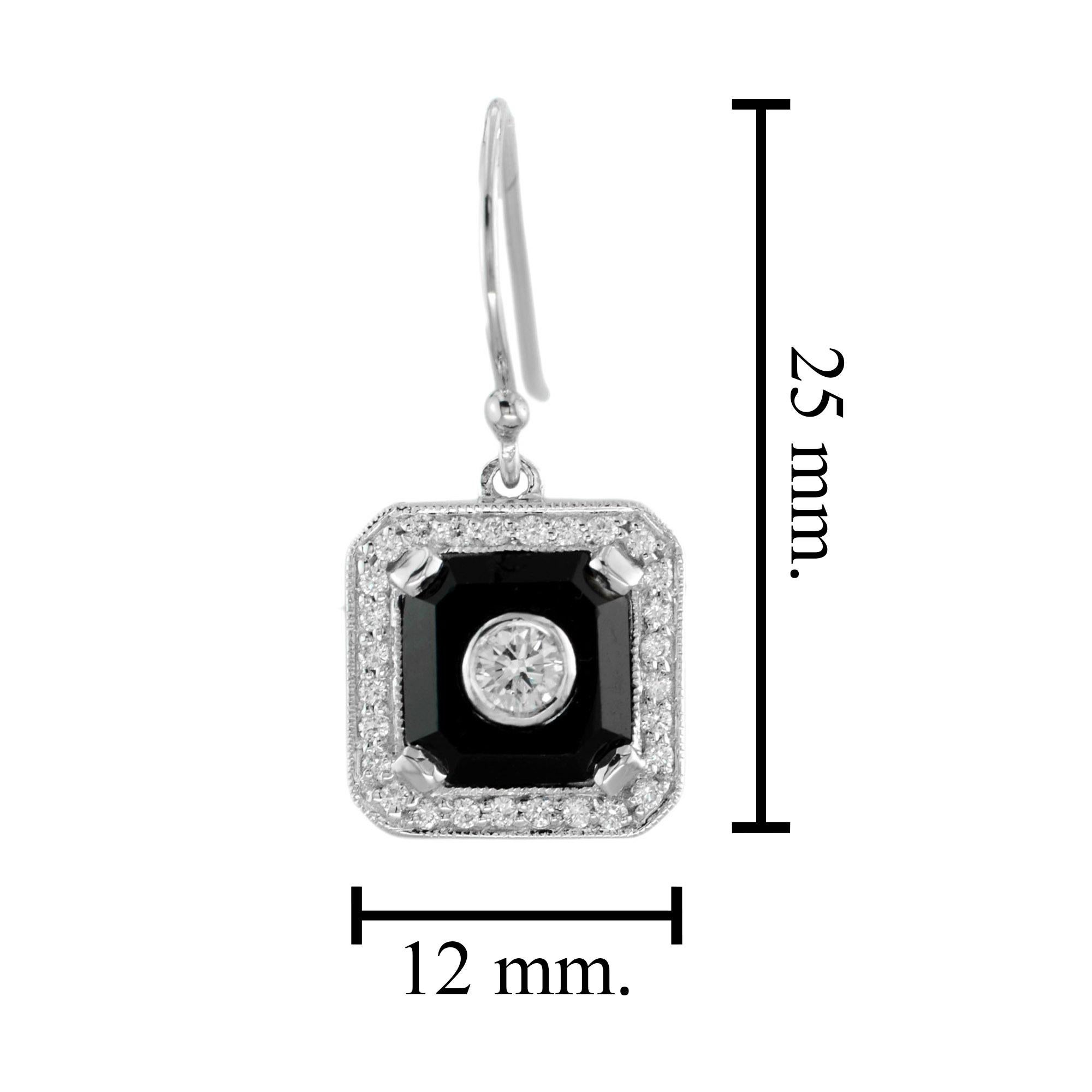 Round Cut Art Deco Style Diamond and Onyx Drop Earrings in 14K White Gold For Sale