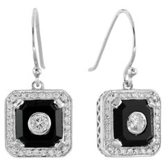 Tropfenohrringe aus 14 Karat Weigold mit Diamanten und Onyx im Art-dco-Stil