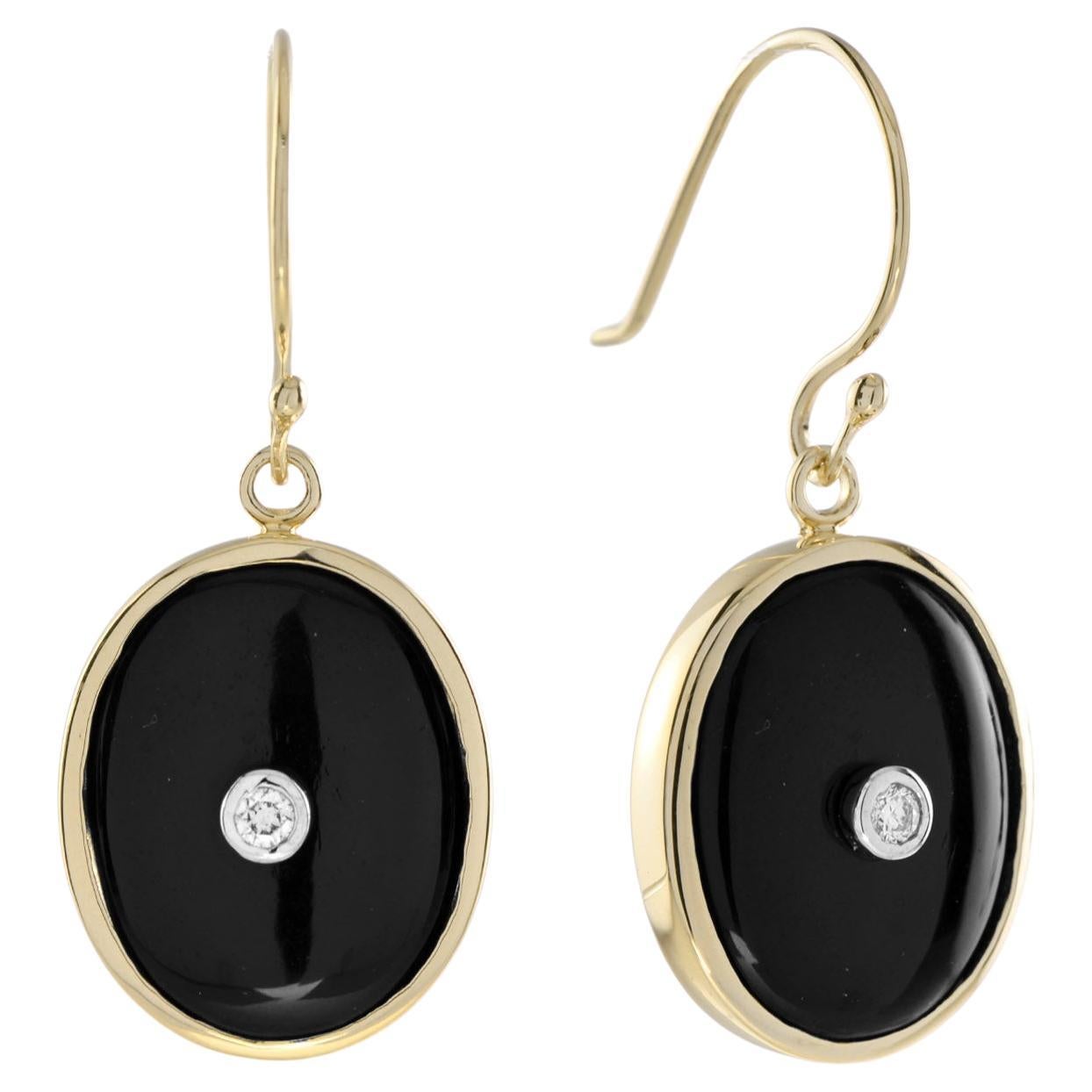 Art Deco Style Diamond and Onyx Oval Shape Drop Earrings in 14K Yellow Gold