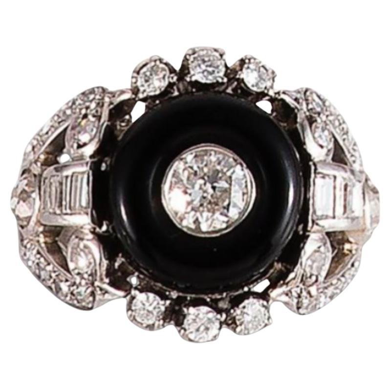 Art Deco Style Diamond and Onyx Platinum Ring